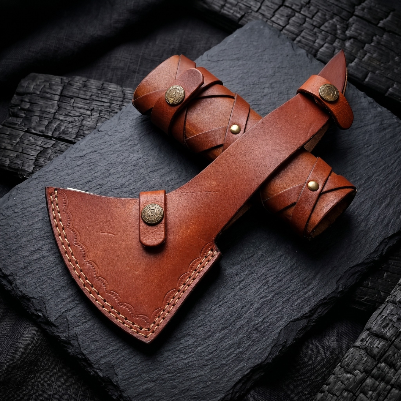 Hand forged Viking axe with hand-stitched leather sheath included
