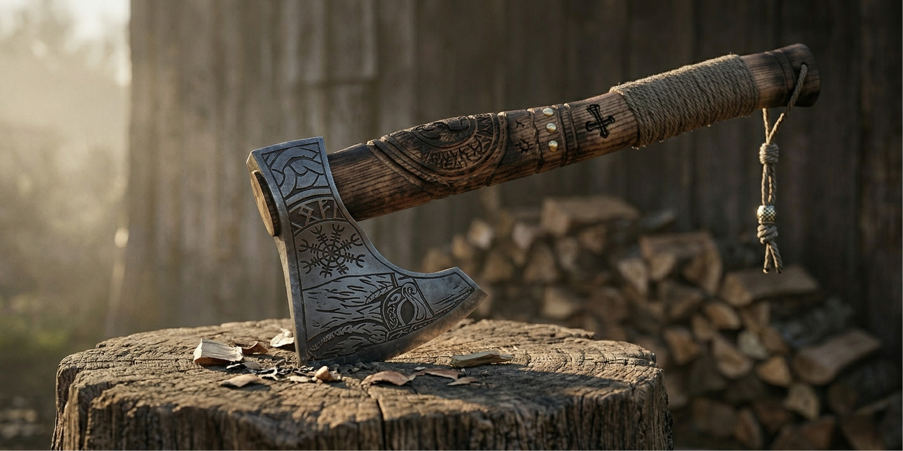 Hand-forged Viking axe on a wooden stump in a forest clearing — ForgeViking