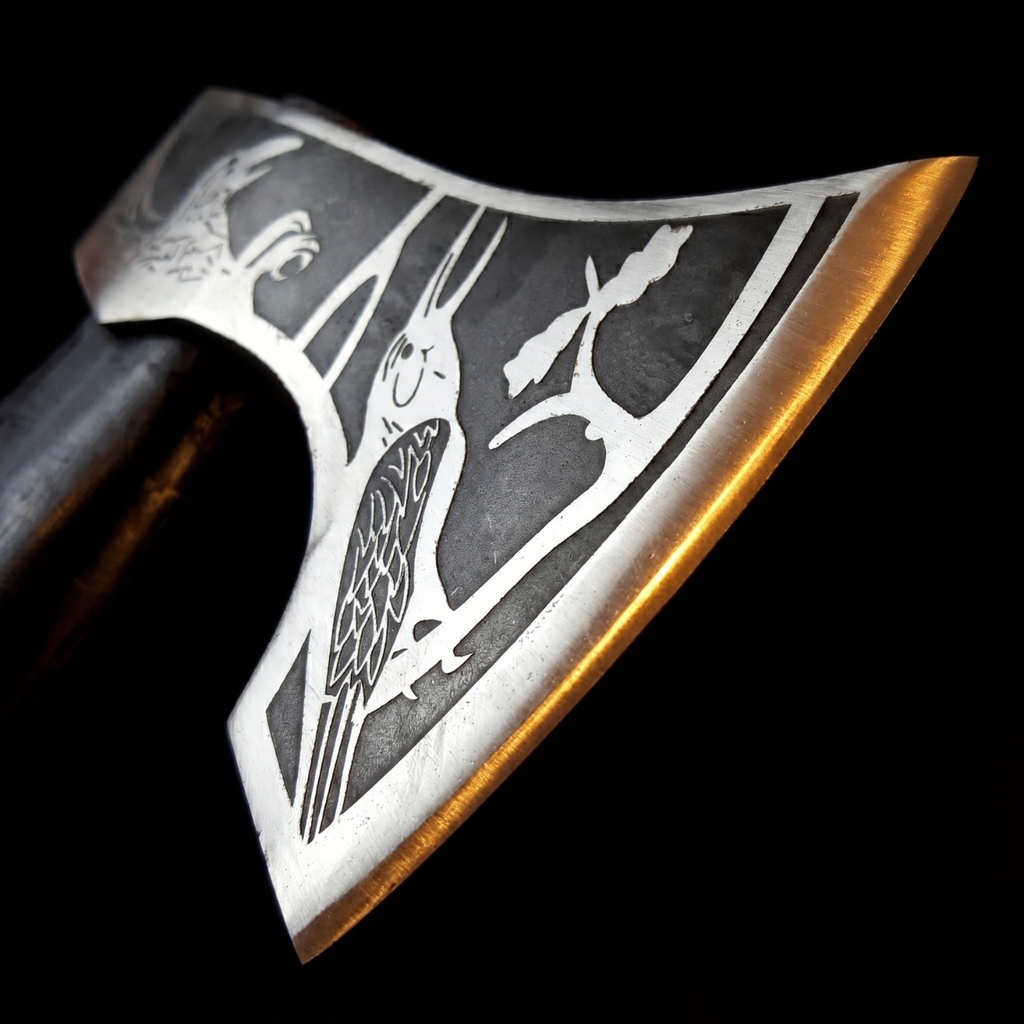 Close-up of raven-beard axe cutting edge ground to 54–58 HRC