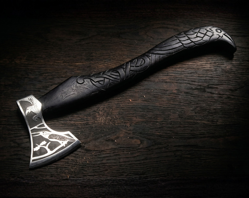 Hand forged raven-beard Viking axe, 80CrV2 steel, hickory handle