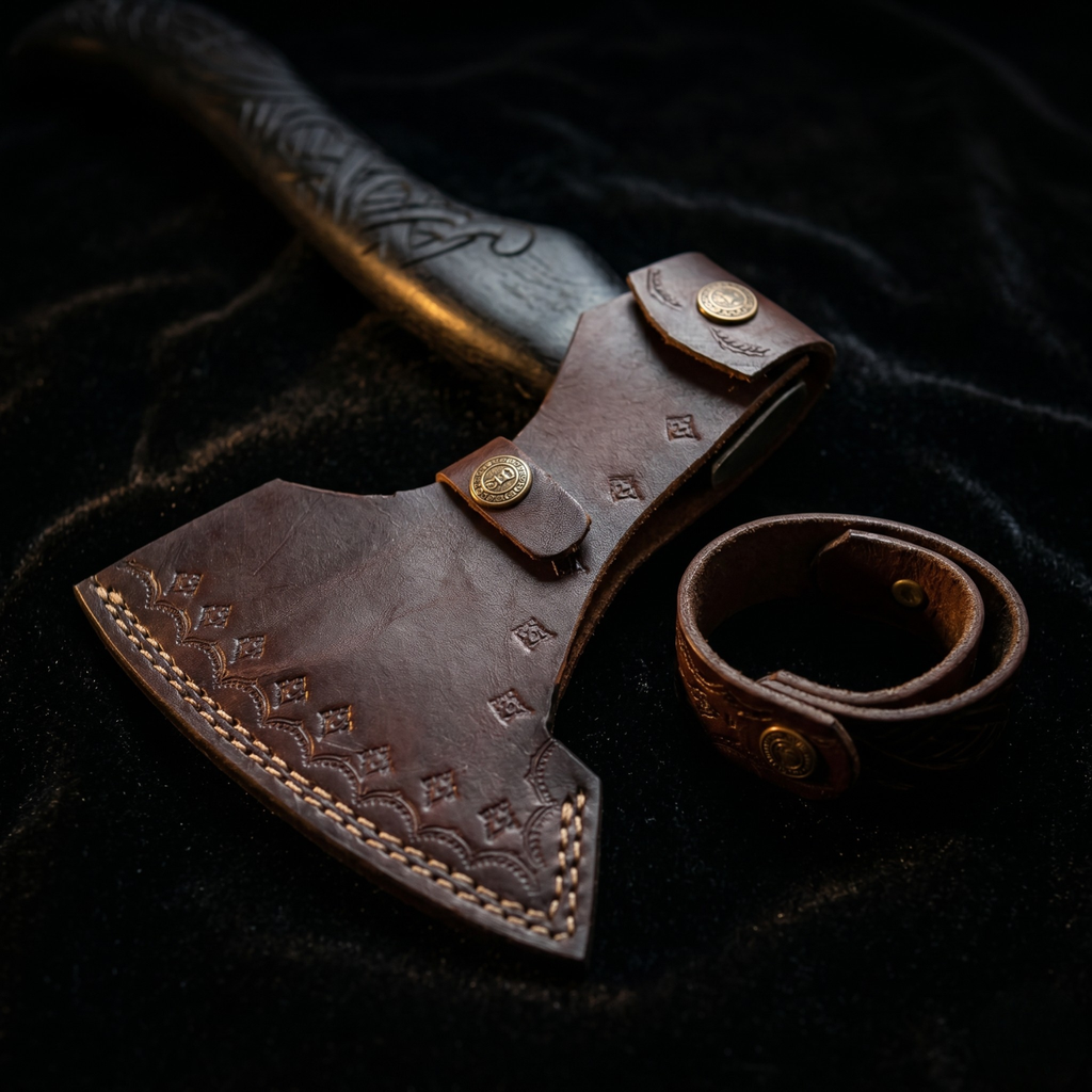 Hand forged raven-beard Viking axe, cow leather hatchet 