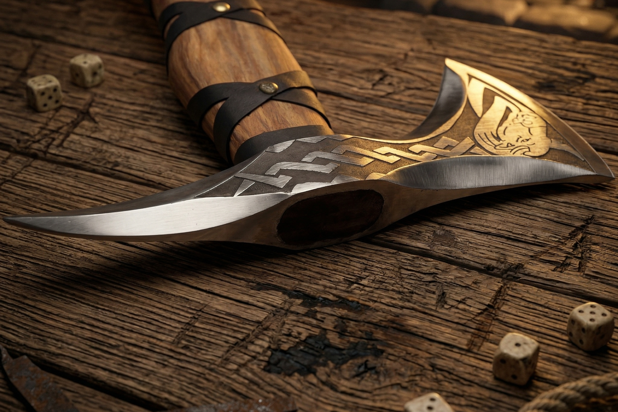 Decorative Axe with a wooden handle on a wooden surface with dice.