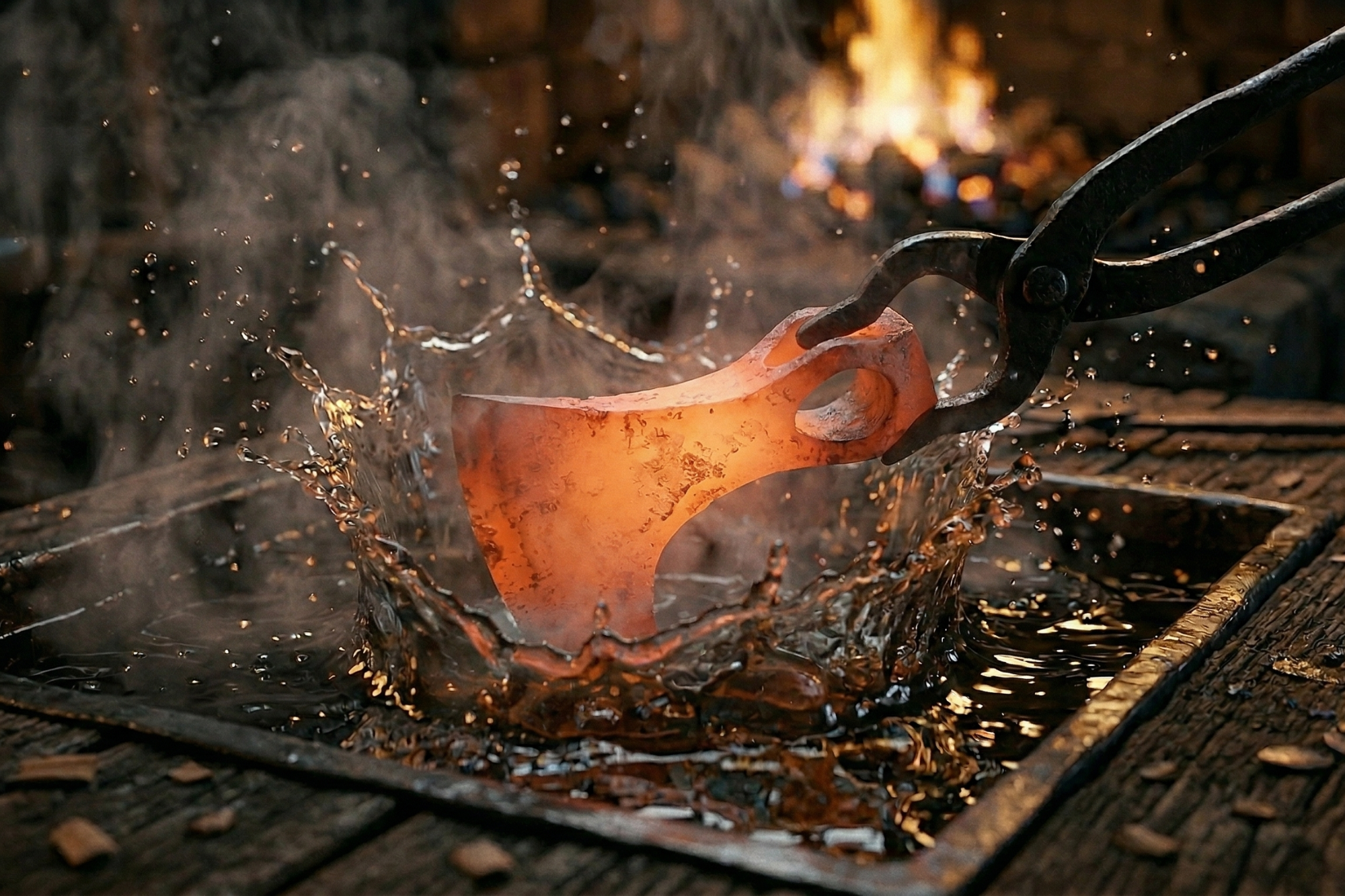 Red-hot metal being shaped with tongs in a forge