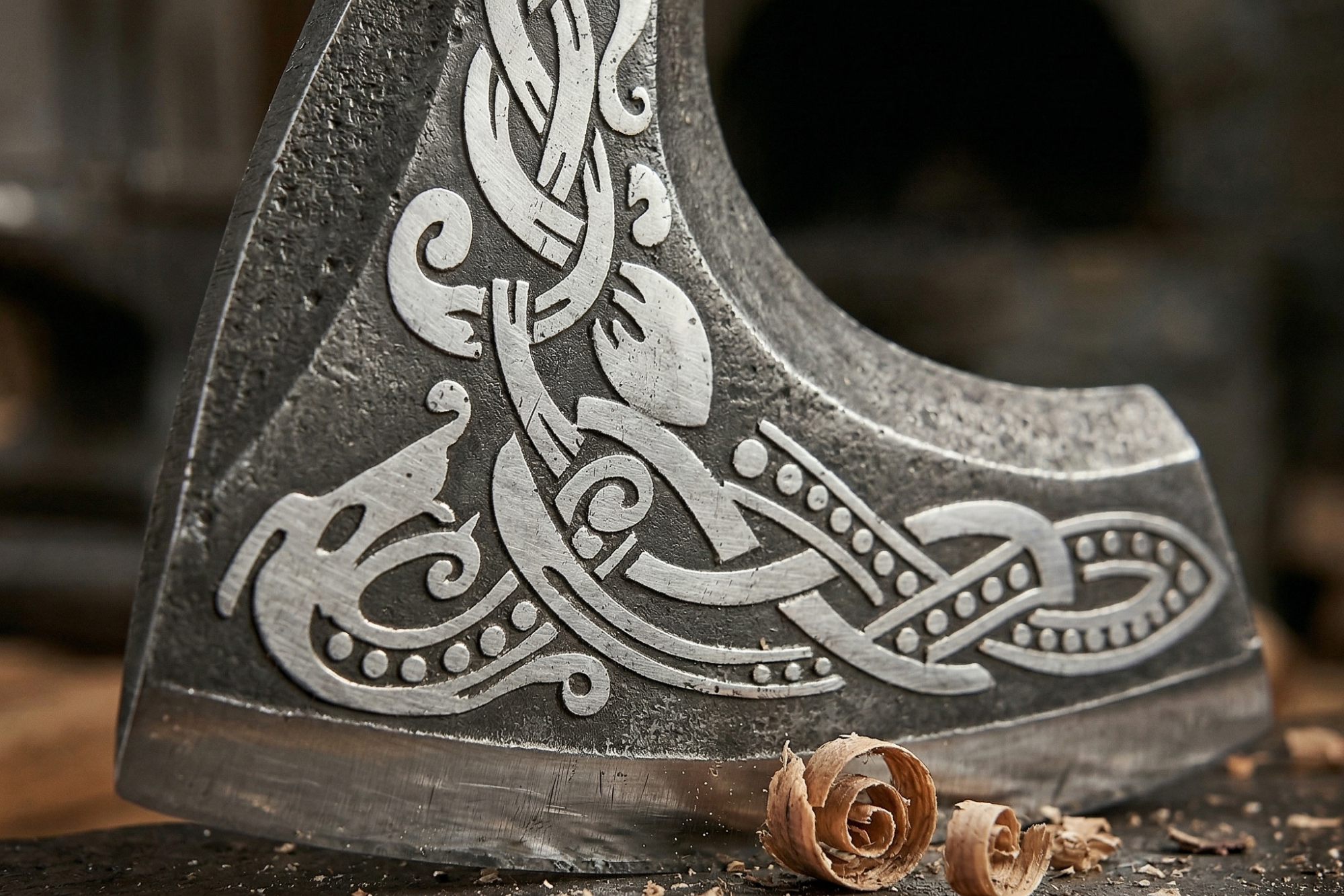 Decorative axe head with intricate carvings on a dark background